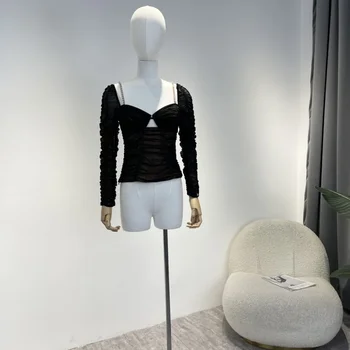 Дамски черни тюлевые върхове, есен 2022, Висококачествени дизайнерски дрехи със страничен цип и лък, облегающая фигура