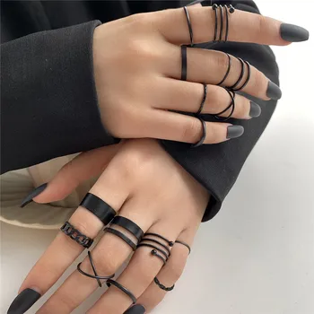 Modyle 16 бр./компл. Комплект черни пръстени в стил пънк за жени, Ретро комплект пръстени с геометричен кръст, моден тренд, Индивидуални бижута подаръци