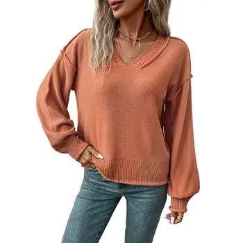 Жена пуловер с V-образно деколте, вязаный пуловер с дълги ръкави, уютен вязаный пуловер с V-образно деколте, мек топъл женски пуловер за есента-скачат, свободен