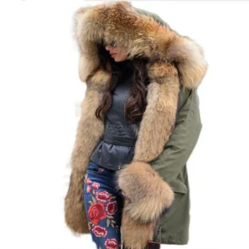 2022 Нови зимни дамски палта с голяма яка от кожа на миеща мечка, качулка и подплата от естествена кожа Лисица, черни Армейските зелени паркове, горна дреха, яке