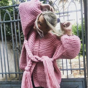 Есен-зима, женски розов пуловер, женски жилетка с дълъг ръкав, пуловер с колан ръчно изработени, Ежедневни елегантни палта, връхни дрехи