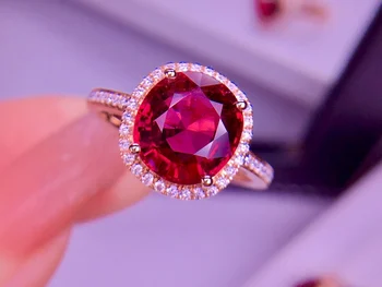 E419 Изискани бижута от чисто злато 18 карата естествен червен турмалин, скъпоценни камъни 3,8 карата и диаманти, подарък дамски пръстени за жени, елегантна пръстен
