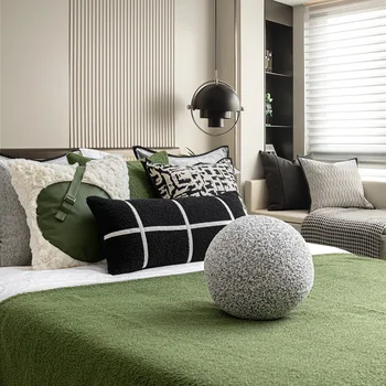 Зелена овче руното легло, знаме, шал с опашка, модерен прост естествен стил, зелен мек комплект спално бельо в тон