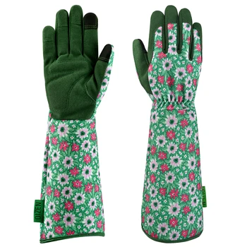1 чифт градинарски ръкавици за жени, защитени от шипове, работни градински ръкавици с дълъг ръкав за плевене, изкопни работи, засаждане, дишаща сензорен екран