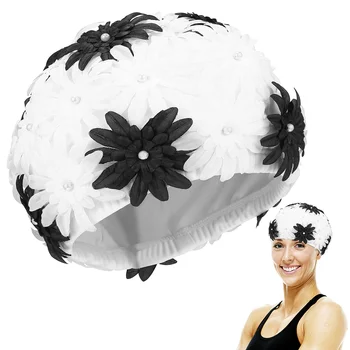 Дамски шапка за плуване с кухи перлата на цвете, шапка за плуване ръчен труд за водни спортове
