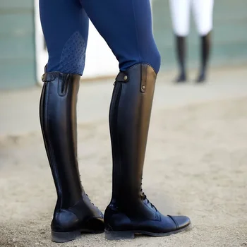 Обикновен женски ботфорты над коляното на дебелите ток от вискоза с кръгло бомбе и цип отзад, модни престрелки ботуши, съоръжения за езда
