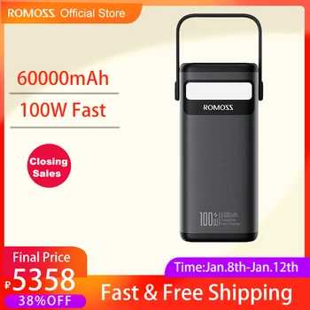 ROMOSS 100 W Power Bank с led и дръжка, 60000mAh Мощна външна батерия за лаптоп с бързо зареждане на открито за iPhone Huawei, Xiaomi