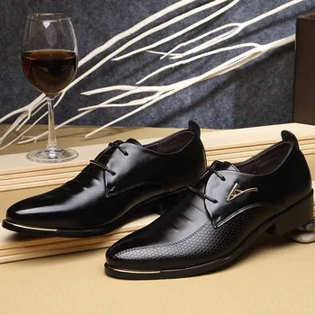 Модерен мъжки модел обувки С остър бомбе, Мъжки ежедневни обувки в бизнес стил дантела, Кафяви, черни Oxfords От Изкуствена кожа, Големи Размери 38-48