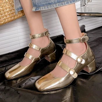 Ежедневни дамски обувки Мери Джейн на нисък ток от естествена кожа със златни и сребърни ремешкамиТуфлилодочки Офис Сватбени обувки за танци в стил Лолита Удобни